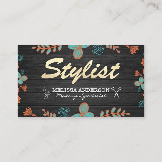 Glitter Stylist Wood and Floral Pattern Business Card (Front)