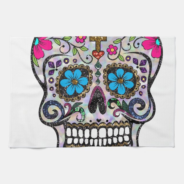 glitter Sugar Skull Kitchen Towel (Horizontal)