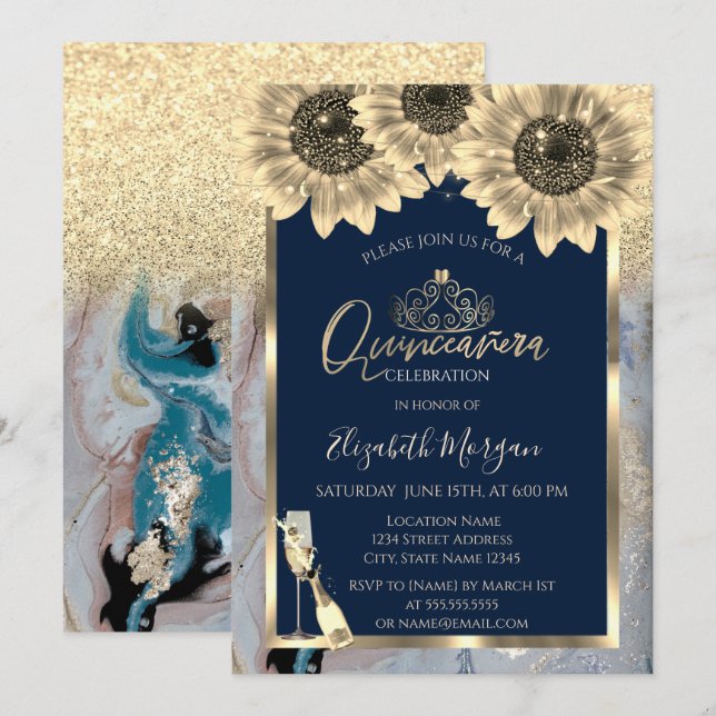 Glitter,Sunflowers,GlassTiara Marble Quinceanera Invitation (Front/Back)