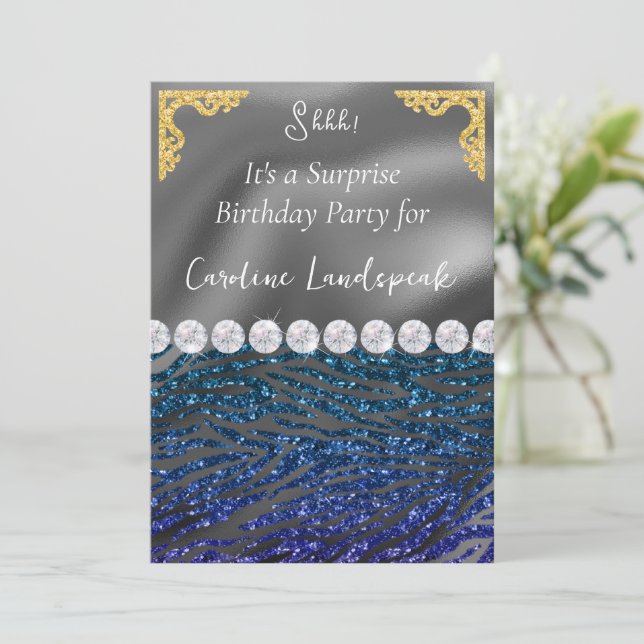 Glitter Surprise Birthday Blue Violet Zebra Print Invitation (Standing Front)