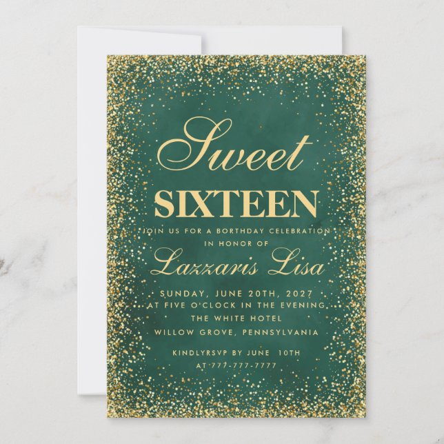 Glitter Sweet 16 Green Watercolor Birthday  Invitation (Front)