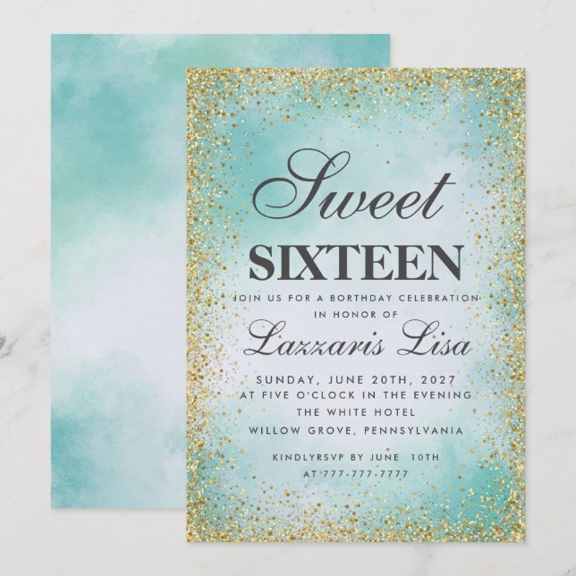 Glitter Sweet 16 Turquoise watercolor Birthday Invitation (Front/Back)