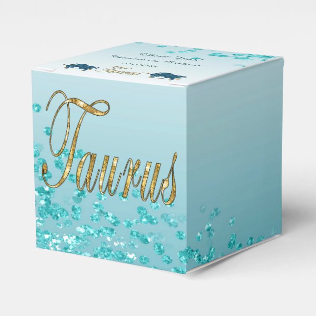 Glitter Taurus & Teal Blue Glitter Birthday Favor Box (Front Side)