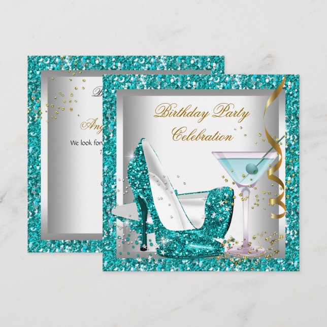 Glitter Teal Blue High Heel Shoes Gold Martini Invitation (Front/Back)