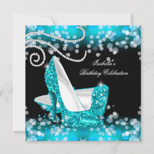 Glitter Teal Blue High Heels Diamonds Birthday Invitation