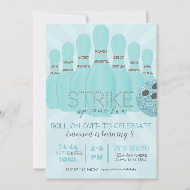 Glitter Teal Bowling Birthday Party strike, Invitation (Front)
