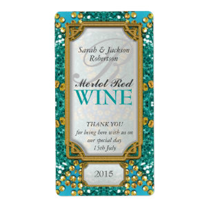 Glitter Teal Gold Custom Wine Bottle Labels