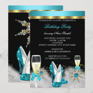 Glitter Teal High Heels Black Gold Champagne Invitation