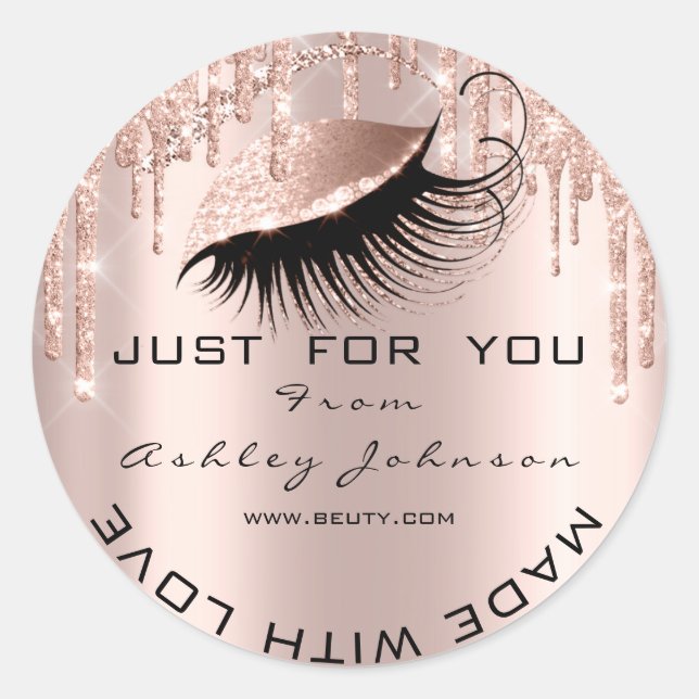Glitter Thank Lashes Rose Gold Made With Love Classic Round Sticker (Front)
