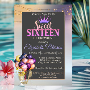 Glitter Tiara,Coctail,Ballons Sweet 16 Party Invitation