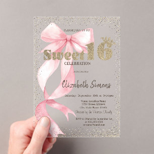 Glitter Tiara,Confetti,Pink Bow Sweet 16 Acrylic Invitations