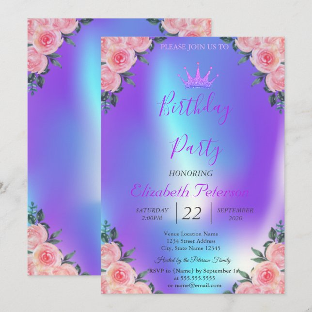 Glitter Tiara Roses Ombre Holographic Birthday Invitation (Front/Back)