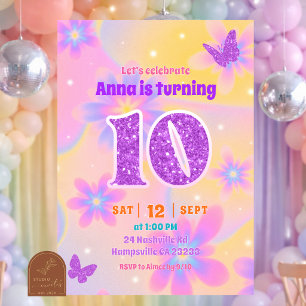 Glitter Tie Dye Girl 10th Birthday Invitation