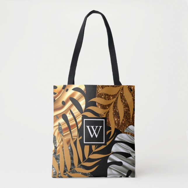 Glitter Tropical Floral Tote Bag (Front)
