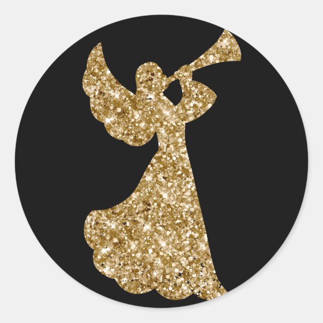 Glitter Trumpeting Angel Christmas Corporate Party Classic Round Sticker (Front)