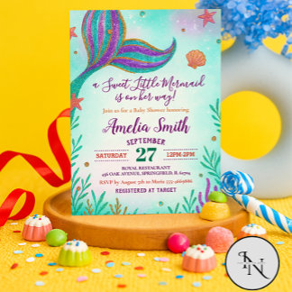 Glitter Turquoise Baby Girl Mermaid Baby Shower Invitation