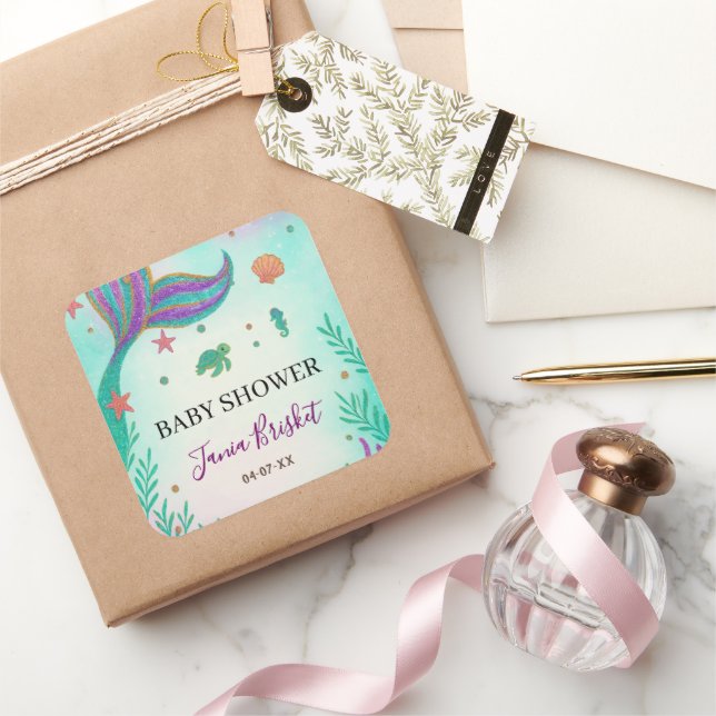 Glitter Turquoise Mermaid Baby Shower Square Sticker (Gifting)