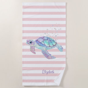 Glitter Turtle Pink Stripes Beach Towel