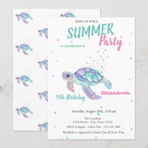 Glitter Turtle Summer Birthday Invitation