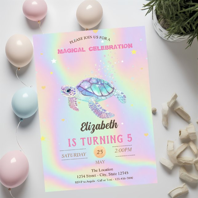 Glitter Turtle Summer Holographic Birthday Invitation (Creator Uploaded)