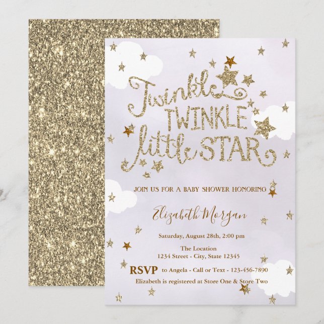 Glitter Twinkle Little Star Lavender Baby Shower Invitation (Front/Back)