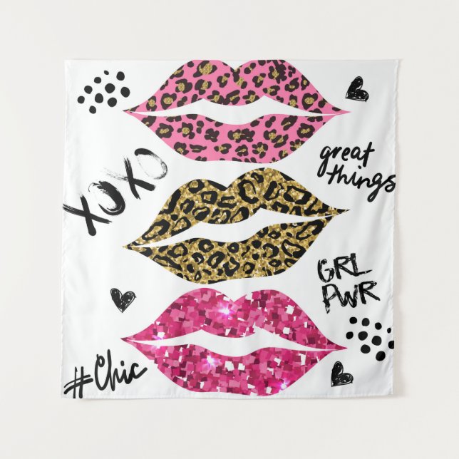 Glitter typography print with lips pattern tapestry (Front)