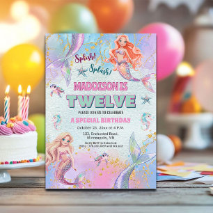 Glitter Under the Sea Mermaids 12th Birthday Party Invitation
