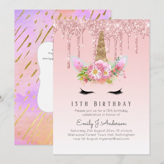 Glitter Unicorn 13th Birthday Pink Gold Girls Invitation (Front/Back)