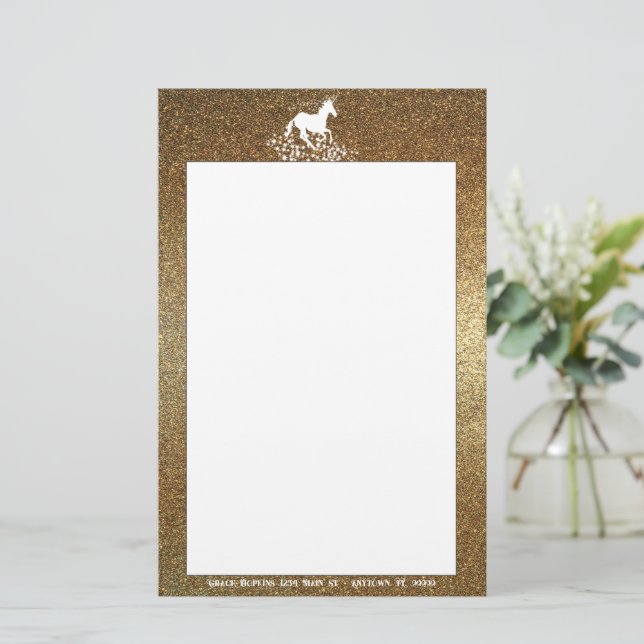 Glitter Unicorn and Stars | Gold Stationery (Standing Front)