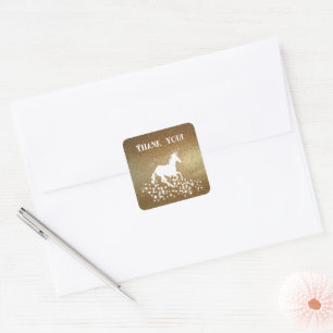 Glitter Unicorn and Stars Thank You    Gold Square Sticker
