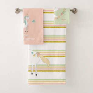 Glitter Unicorn bath towel set with name