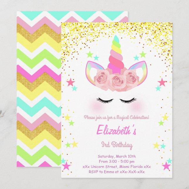 Glitter Unicorn birthday invitation (Front/Back)