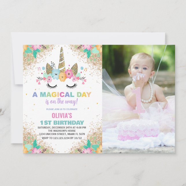Glitter Unicorn Birthday Invitations with photo (Front)