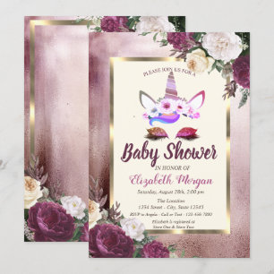 Glitter Unicorn,Bokeh,Burgundy Floral Baby Shower Invitation