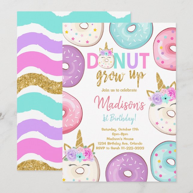 Glitter Unicorn Doughnuts Birthday Invitation (Front/Back)