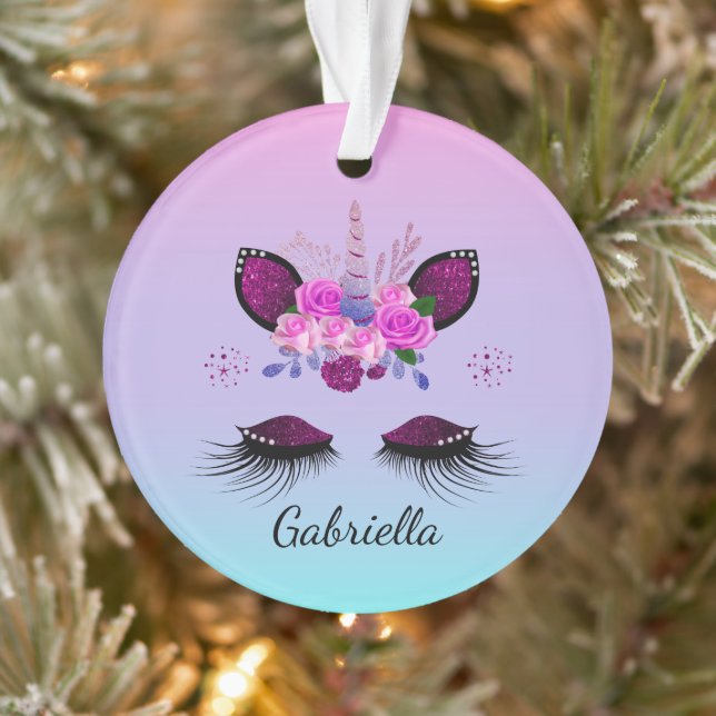 Glitter Unicorn Face With Eyelashes Personalized Ornament (Tree)