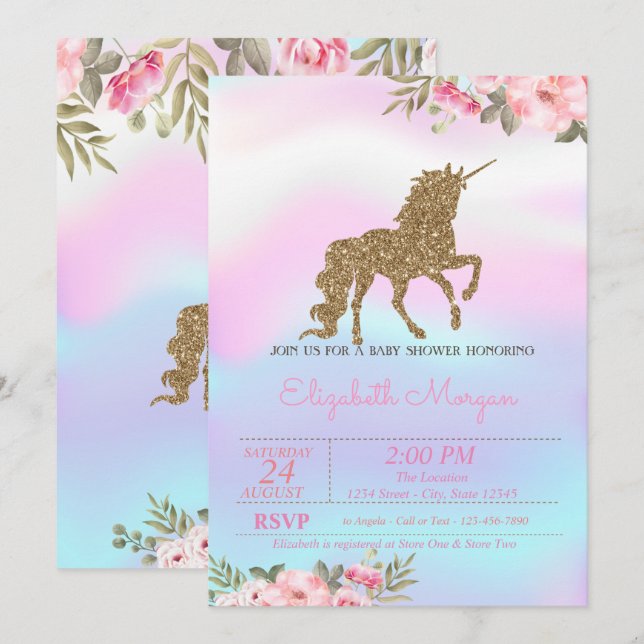 Glitter Unicorn Floral Holographic Baby Shower Invitation (Front/Back)