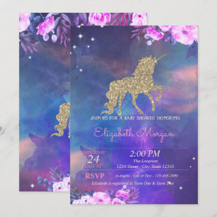 Glitter Unicorn Floral Watercolor  Baby Shower Invitation