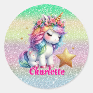 Glitter unicorn magical star  classic round sticker