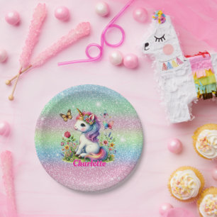 Glitter unicorn meadow wildflowers paper plate