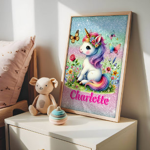 Glitter unicorn meadow wildflowers  poster
