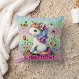 Glitter unicorn meadow wildflowers throw pillow