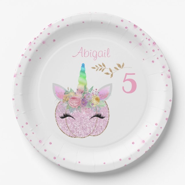 Glitter Unicorn Pumpkin Girls 5th Birthday Paper Plate (Front)