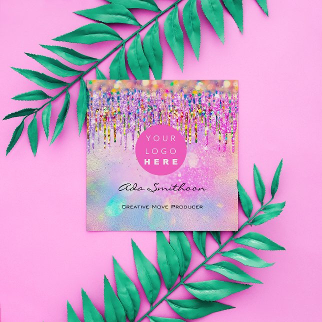 Glitter Unicorn Rainbow Holograph Drip QRCodeLogo  Square Business Card (Creator Uploaded)