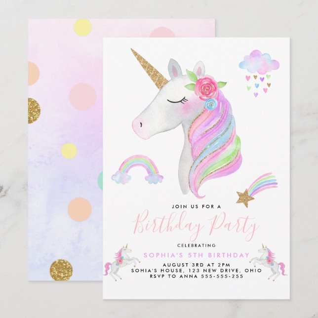 Glitter Unicorn Rainbow Pastel Birthday Girl Invitation (Front/Back)