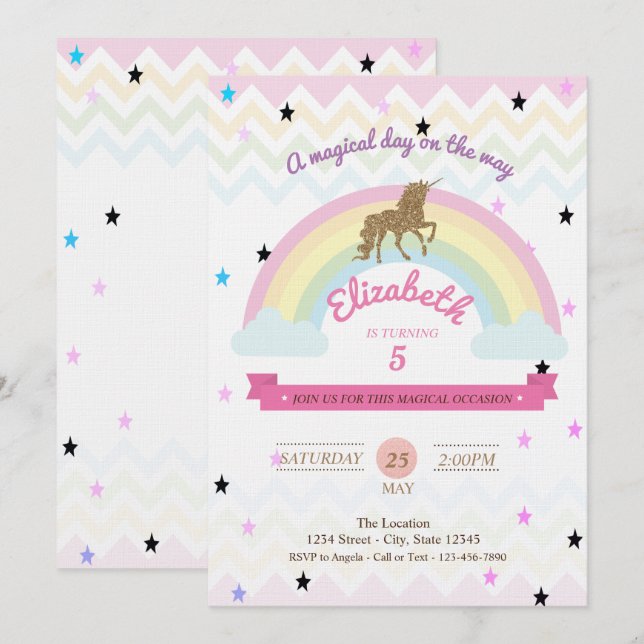 Glitter Unicorn,Rainbow Stars Birthday Invitation (Front/Back)