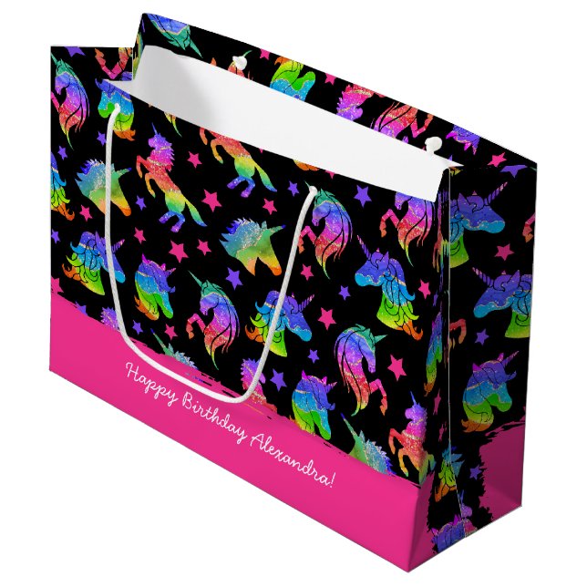 Glitter Unicorn Rainbow with First Name Birthday Large Gift Bag (Front Angled)