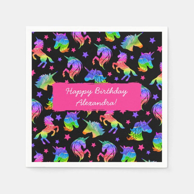 Glitter Unicorn Rainbow with First Name Birthday Napkin (Front)
