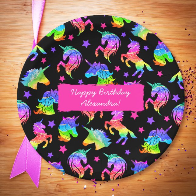 Glitter Unicorn Rainbow with First Name Birthday Paper Plate (Creator Uploaded)