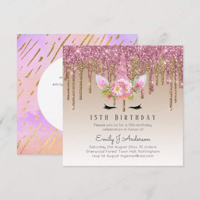 Glitter Unicorn Rose Gold Pink Dripping 13th Bday Invitation (Front/Back)